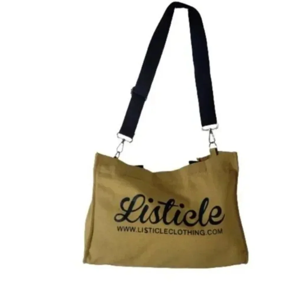 Listicle Canvas Crossbody Tote Bag Tan Adjustable Strap